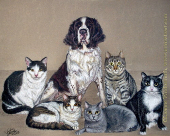 Custom Portrait Eaton Family Pets Cats Dog colored pencil english springer spaniel drawing painting art