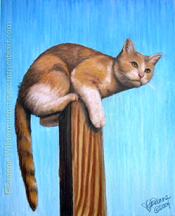 Perched calico pet cat painting wildlife nature art oil pastel