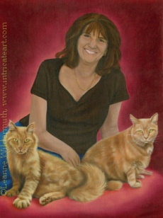 200455 Custom family portrait two cats woman painting Wendy, Bucious & Fred