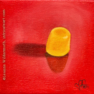still life oil painting yellow dot candy food eye ate it series
