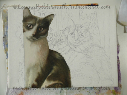 cat portrait monochromatic sepia oil painting in progress 