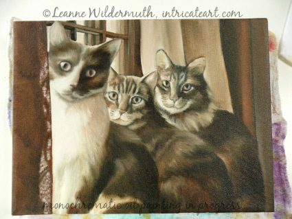 cat portrait original oil monochromatic sepia painting