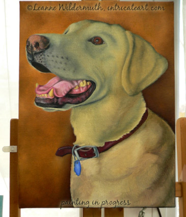 custom yellow lab dog portrait original oil painting work in progress art leanne wildermuth
