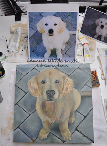 Custom dog portrait of Max golden retriever puppy painting by Leanne Wildermuth