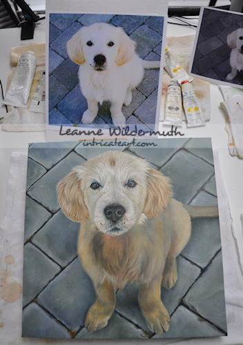 Custom dog portrait of Max golden retriever puppy painting by Leanne Wildermuth