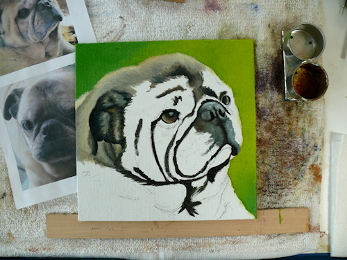 pug dog portrait pete oil painting by Leanne Wildermuth