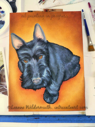 black scottish terrier scottie custom oil painting dog portrait in progress