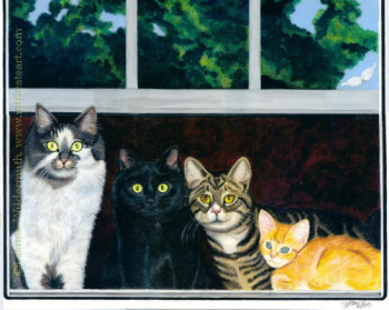 Hebert Family Cat Portrait cats black orange tabby gray longhair tiger pet painting