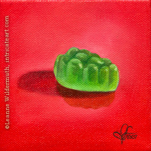 still life oil painting green jujyfruit candy food eye ate it series