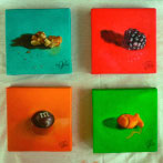 eye ate it paintings 1-4 walnut blackberry m&m goldfish art oil