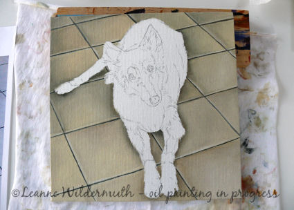 custom monochromatic oil dog portrait painting work in progress' class=