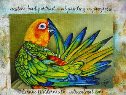 custom sun conure bird portrait tail feather oil painting preening original art leanne wildermuth' class=