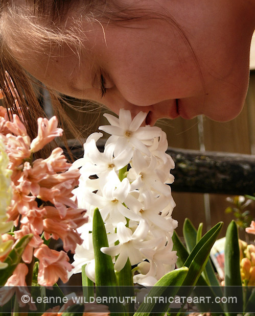 catiebug girl smelling hyacinth flower' class=