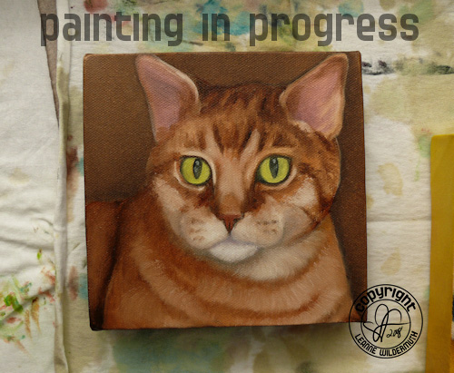 Custom cat portrait orange tabby painting in progress